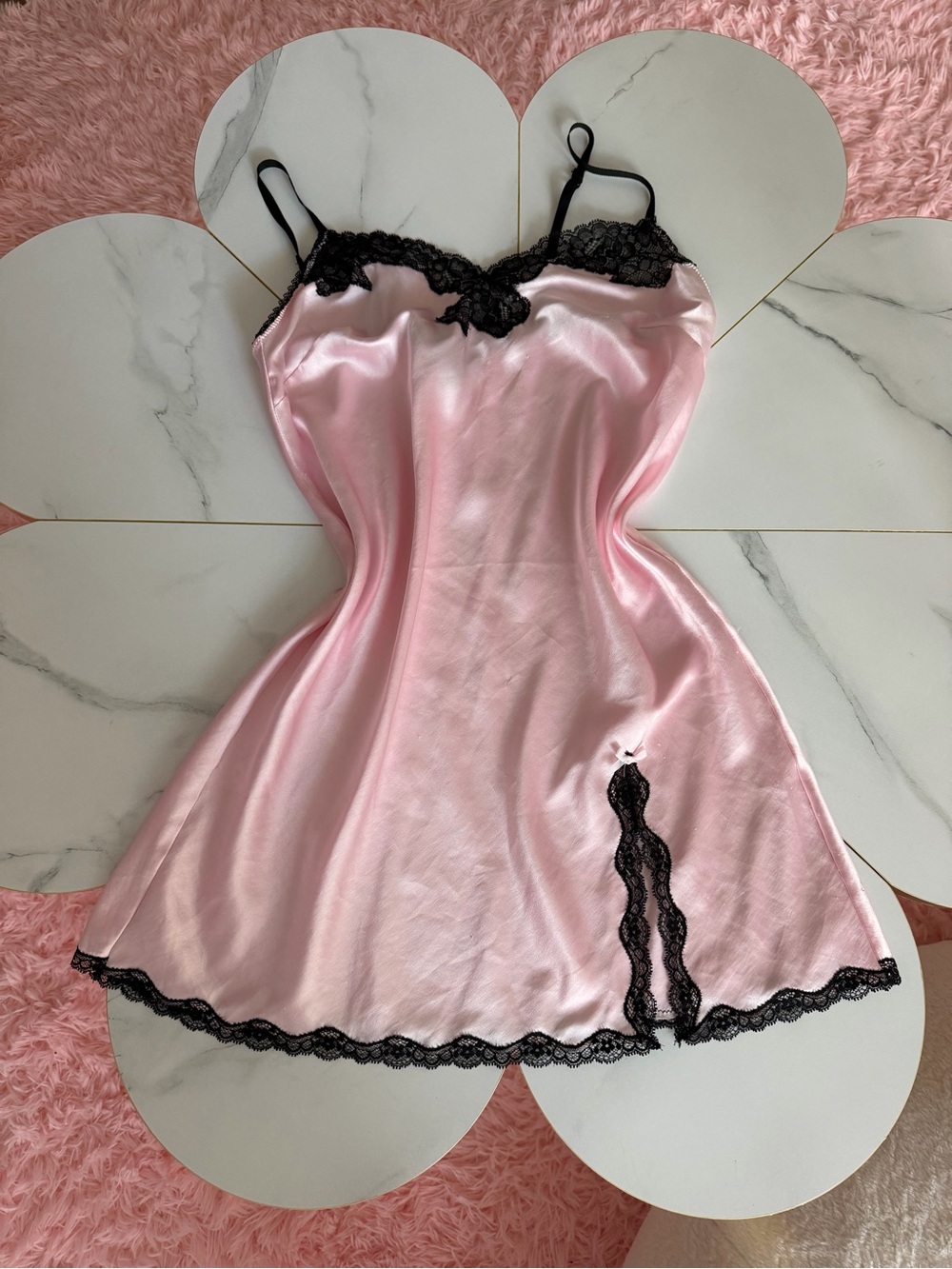 Victoria's Secret Pink Satin Slip with Black Lace Trim